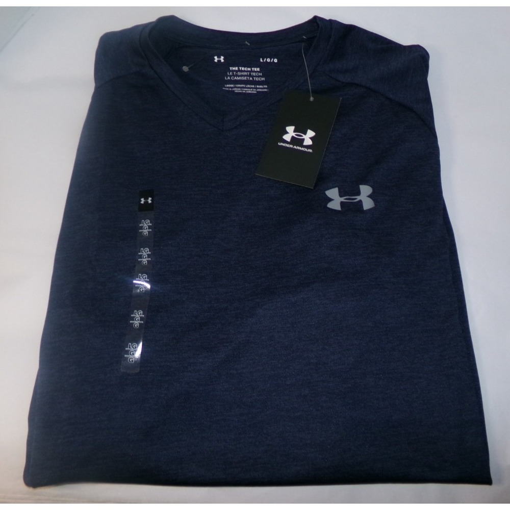 MENS UNDER‎ ARMOUR  V-NECV TECH T-SHIRT~SZ LRG~NAVY HEATHER~NWT